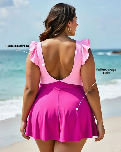 Women's One Piece Tummy Control Swimsuit Ruffle Cutout Swimdress