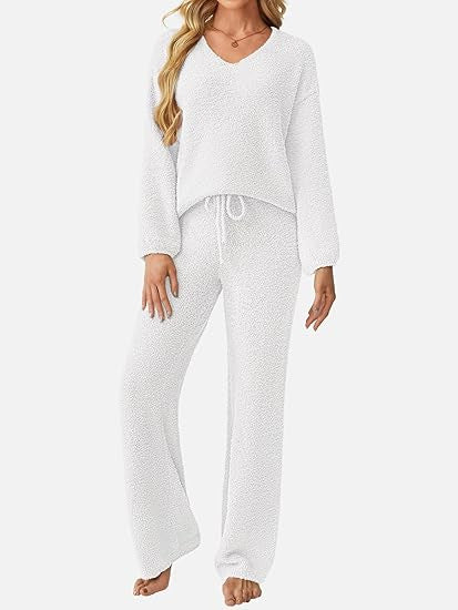 Soft Fuzzy V-Neck Loungewear Set