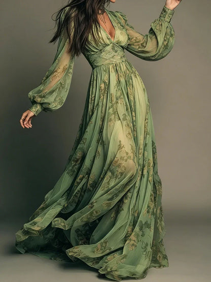 V-Neck Sheer Sleeve Maxi Dresses