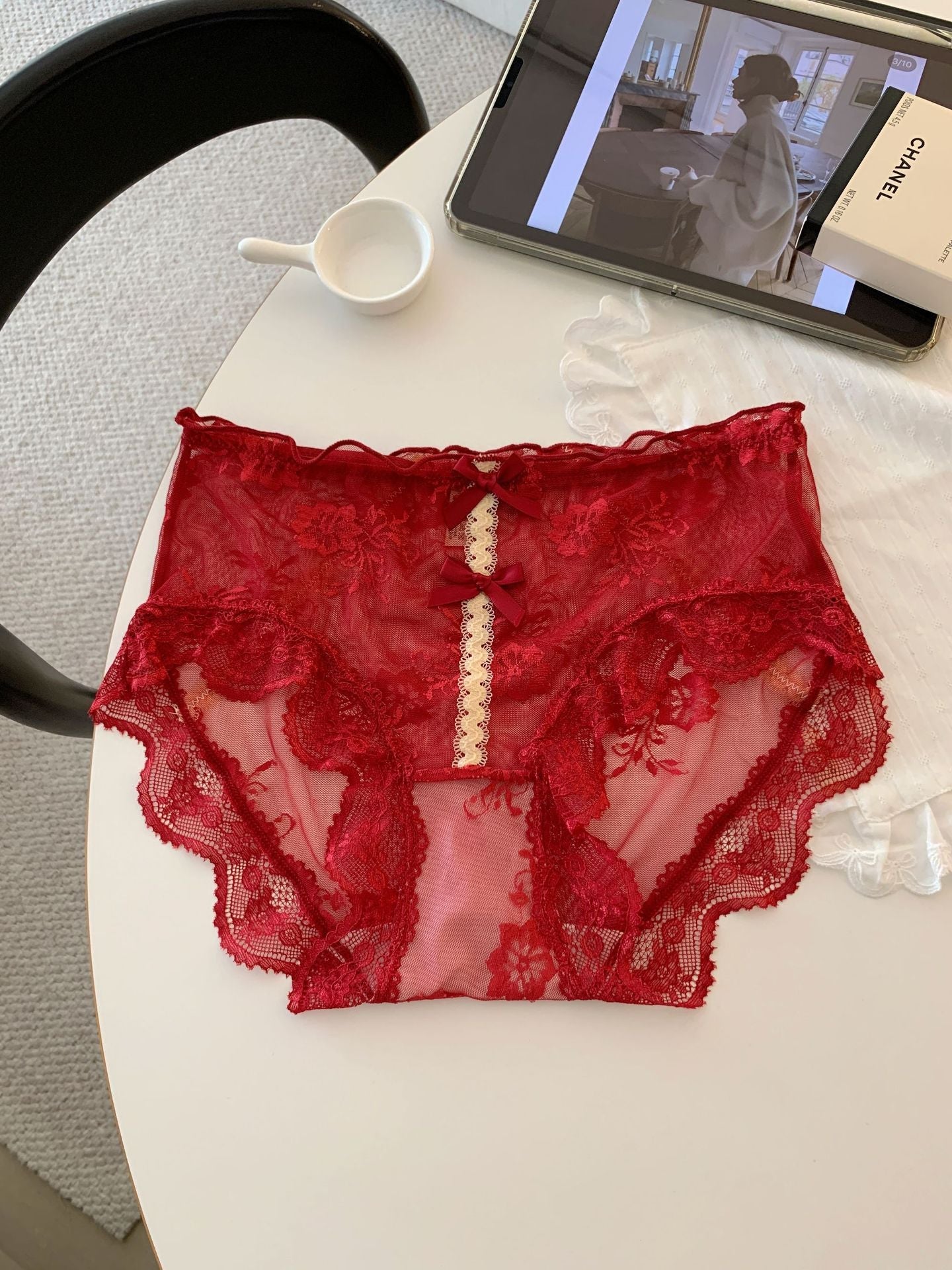 Sheer Floral Lace Bow Panties with Cotton Gusset