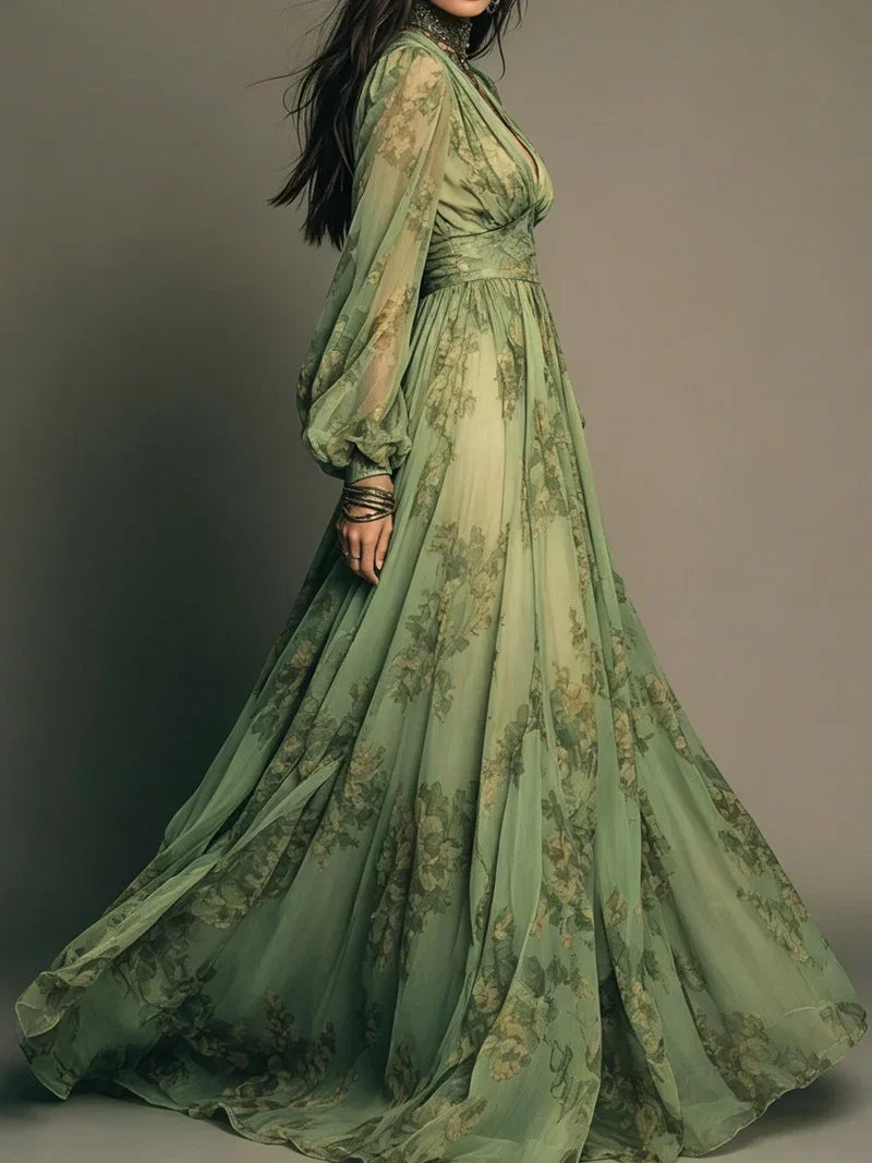 V-Neck Sheer Sleeve Maxi Dresses