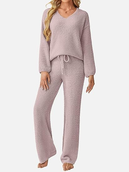 Soft Fuzzy V-Neck Loungewear Set
