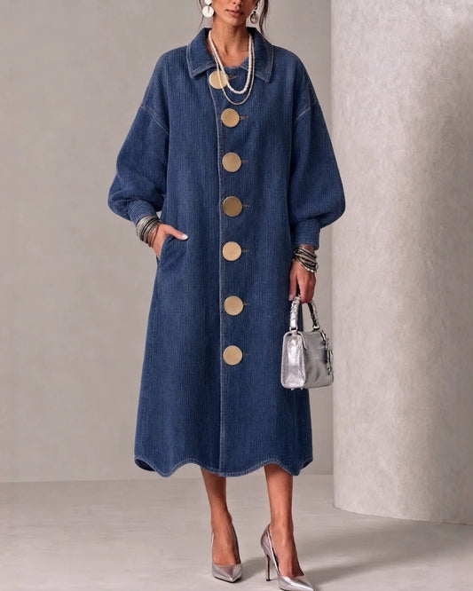 Vintage Collared Bubble Sleeve Loose Wavy Dress