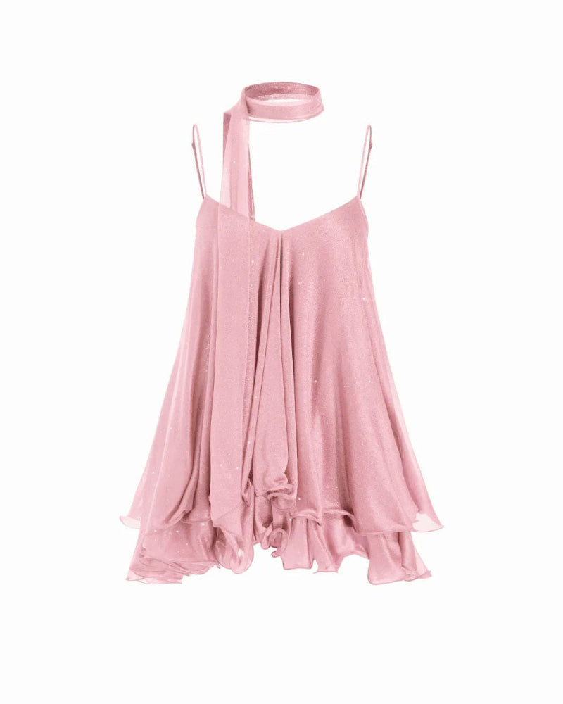 Sparkly Mesh V-Neck Slip Mini Dress with Layered Hem