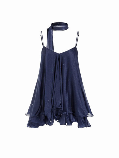 Sparkly Mesh V-Neck Slip Mini Dress with Layered Hem