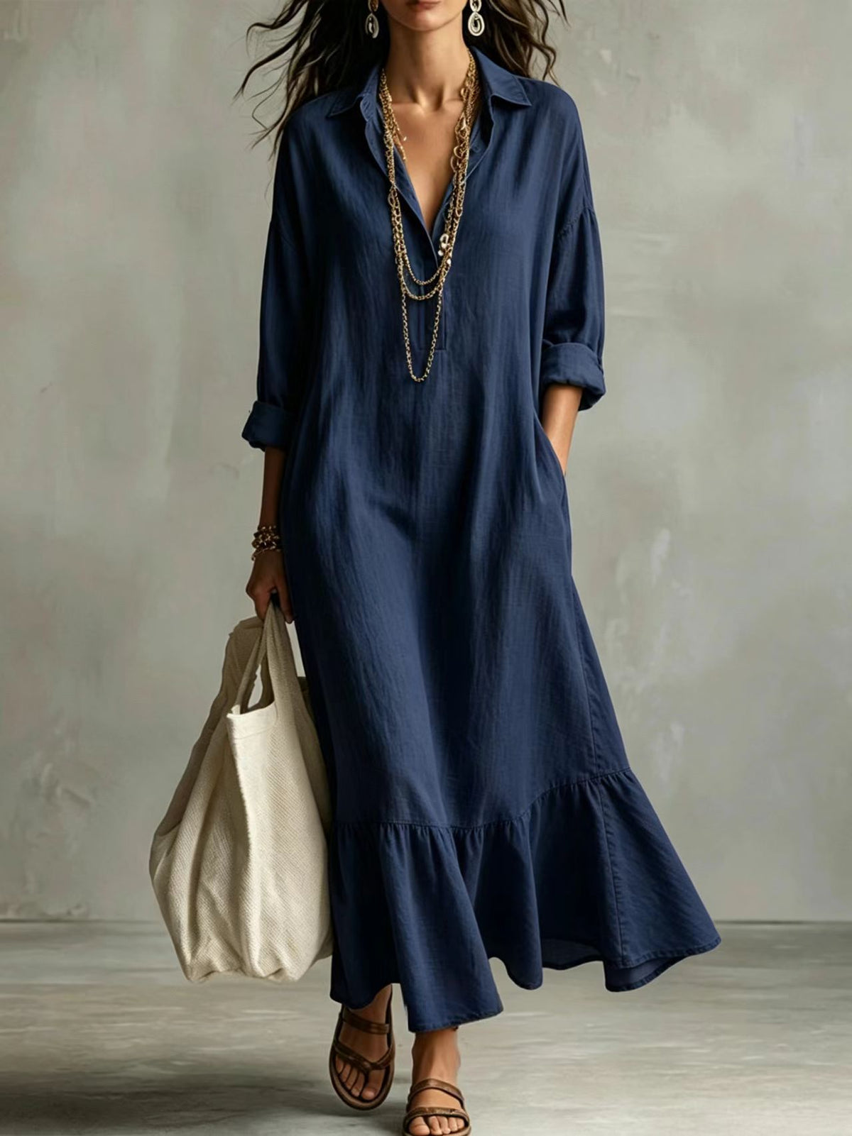 long sleeve Tiered Maxi Shirt Dress