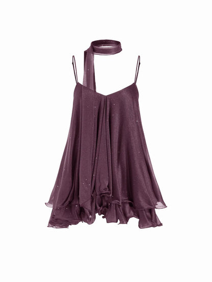 Sparkly Mesh V-Neck Slip Mini Dress with Layered Hem
