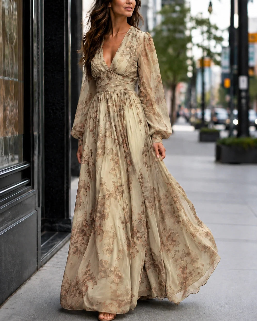 V-Neck Sheer Sleeve Maxi Dresses