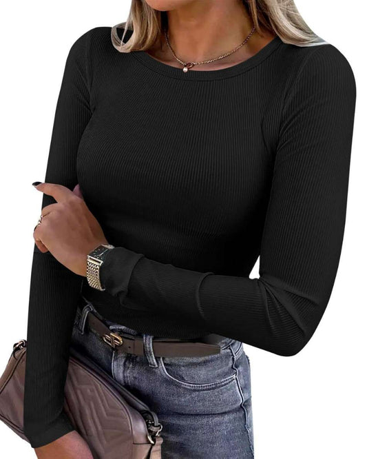 Women Long Sleeve Crewneck Rib Knit Slim Fit Shirts Basic Tee Tops 2025 Casual T-Shirt Going Out Workout Outfits