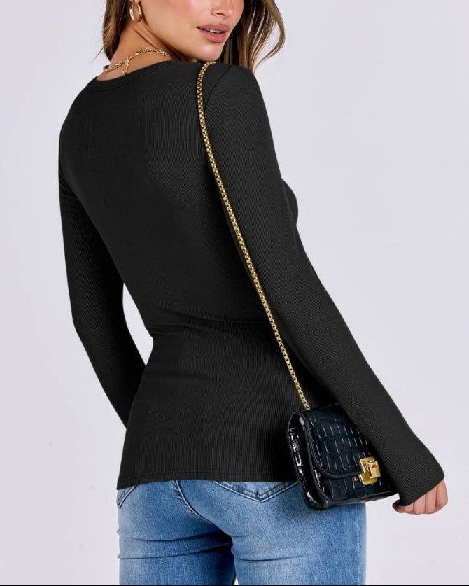 Women Long Sleeve Crewneck Rib Knit Slim Fit Shirts Basic Tee Tops 2025 Casual T-Shirt Going Out Workout Outfits