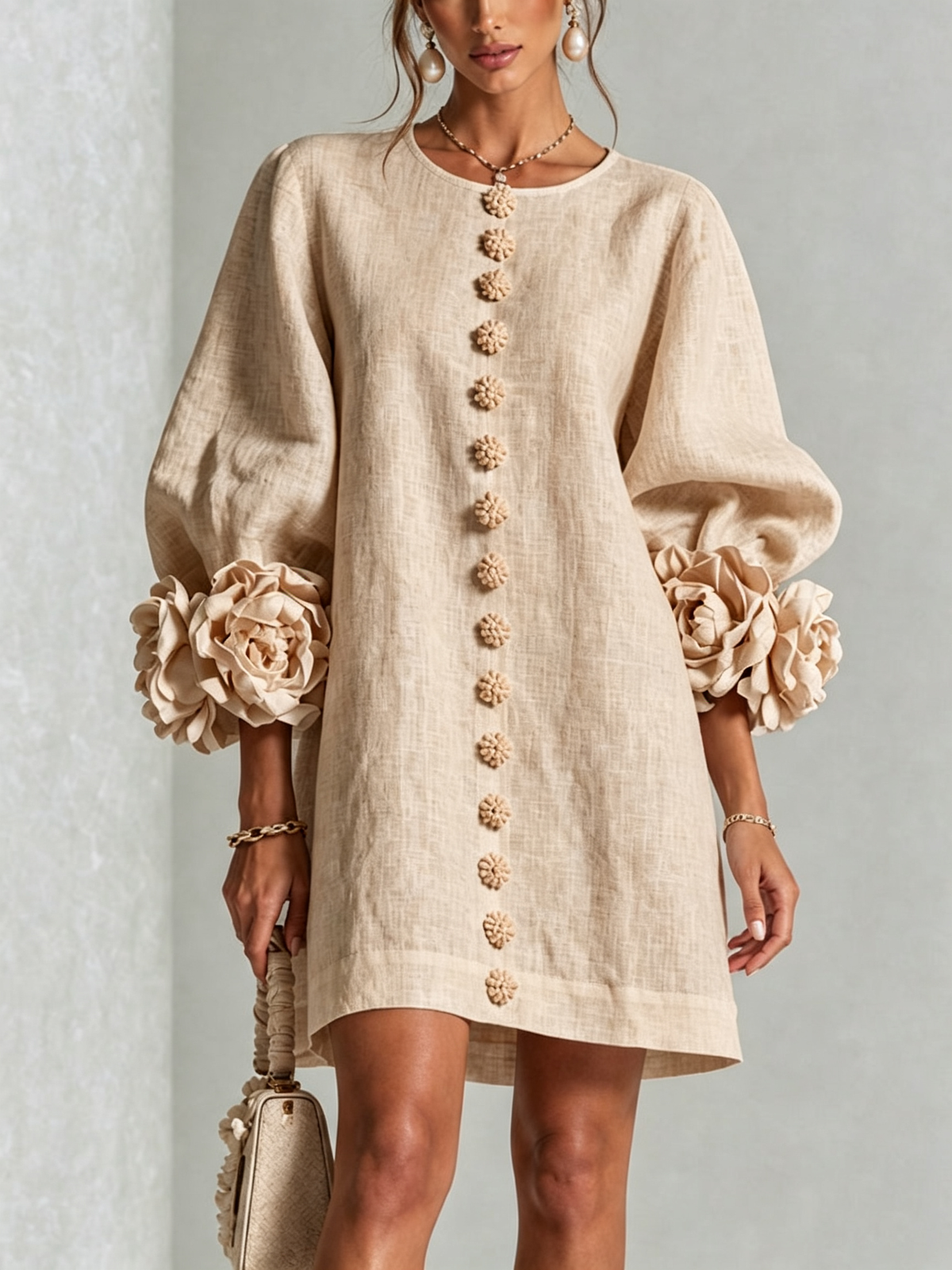 White Printed Button-Front Mini Dress