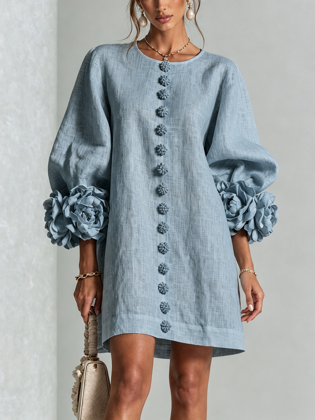 White Printed Button-Front Mini Dress