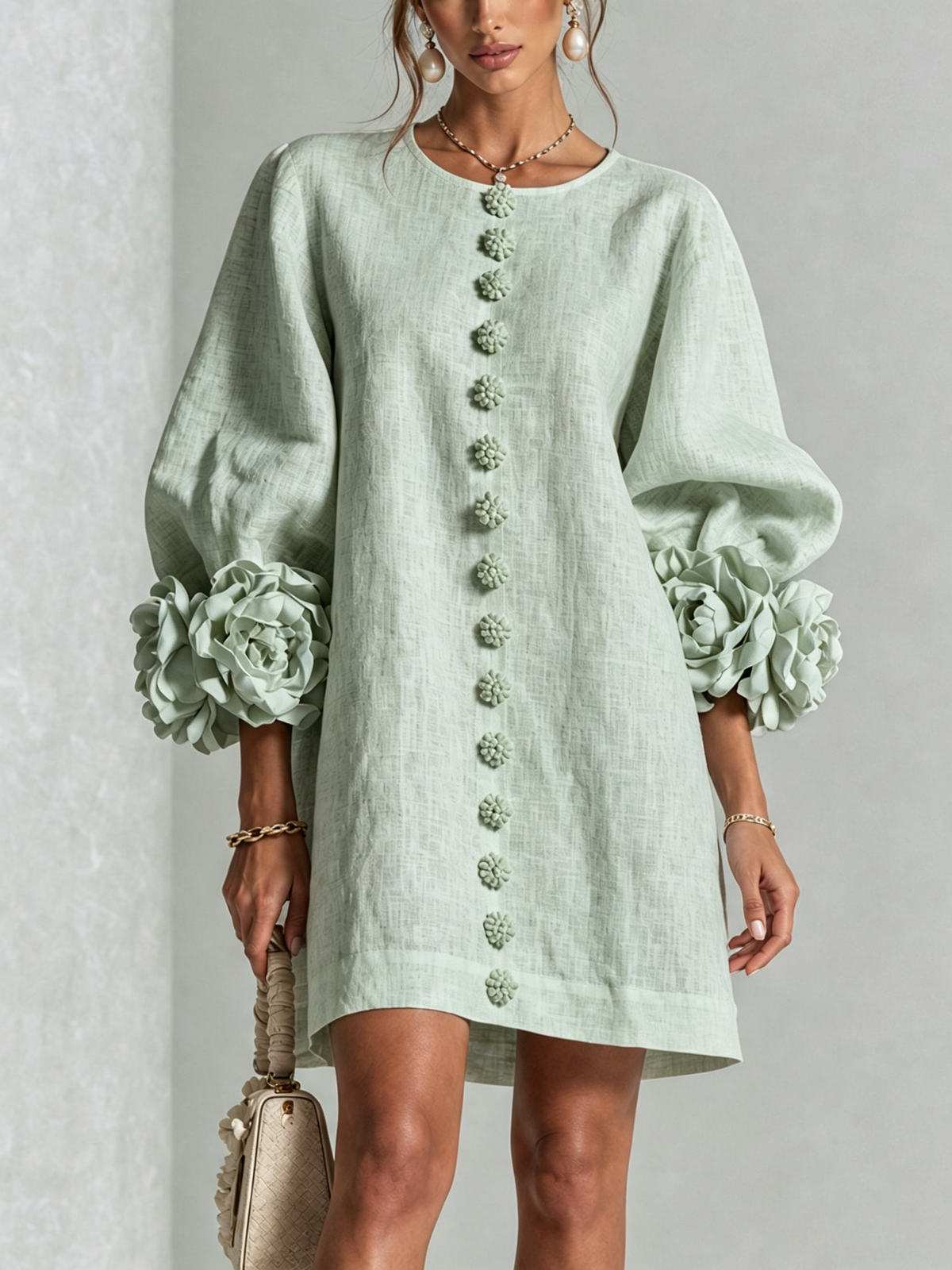 White Printed Button-Front Mini Dress