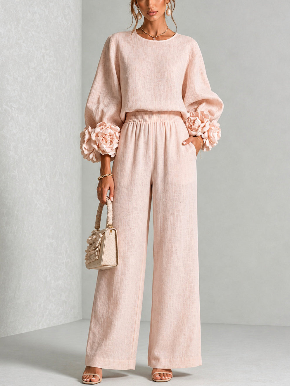 Floral Wide-Leg Trouser Set With Pink Sleeves