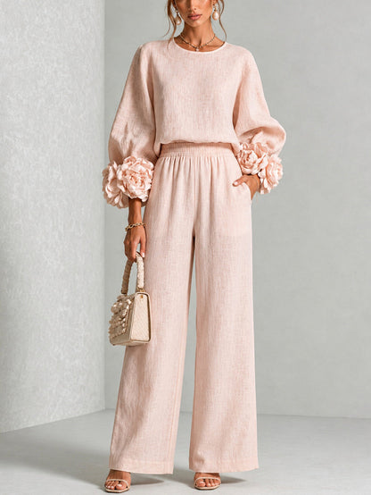 Floral Wide-Leg Trouser Set With Pink Sleeves