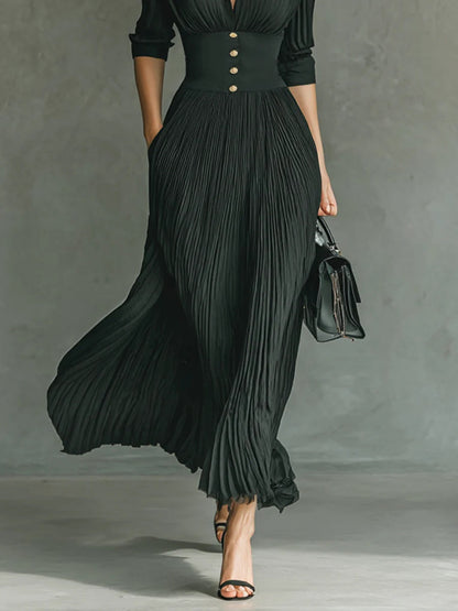 Long Pleated Dress with Lapels and High Waist