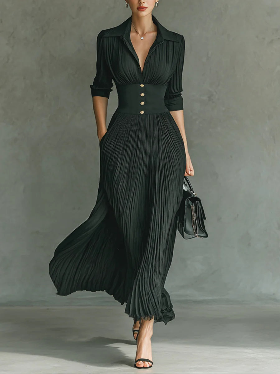 Long Pleated Dress with Lapels and High Waist