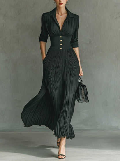 Long Pleated Dress with Lapels and High Waist