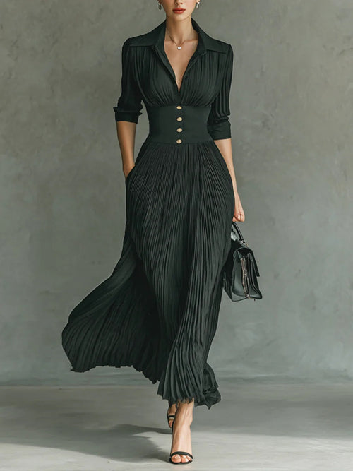 Long Pleated Dress with Lapels and High Waist