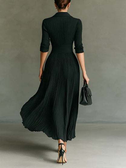 Long Pleated Dress with Lapels and High Waist