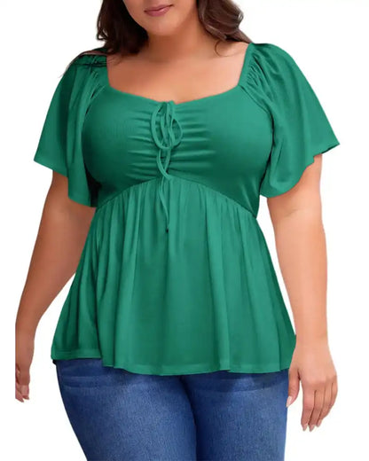 (XL-5XL) Plus Size Square Neck Short Sleeve Shirred Peplum Blouse