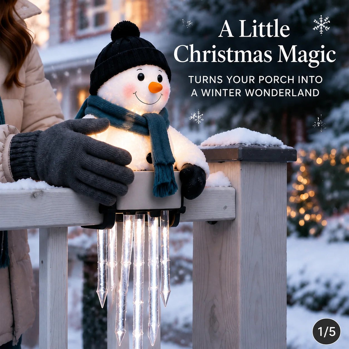 Lighted Snowman Railing Decoration with Hanging Icicles