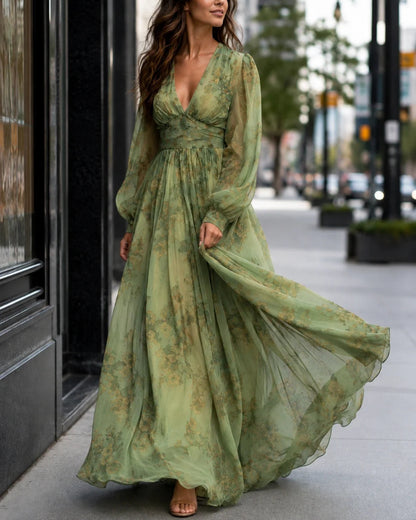 V-Neck Sheer Sleeve Maxi Dresses
