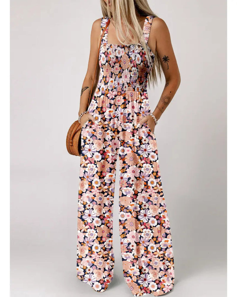 Bohemian Sleeveless Wide Leg Jumpsuit With Pockets
