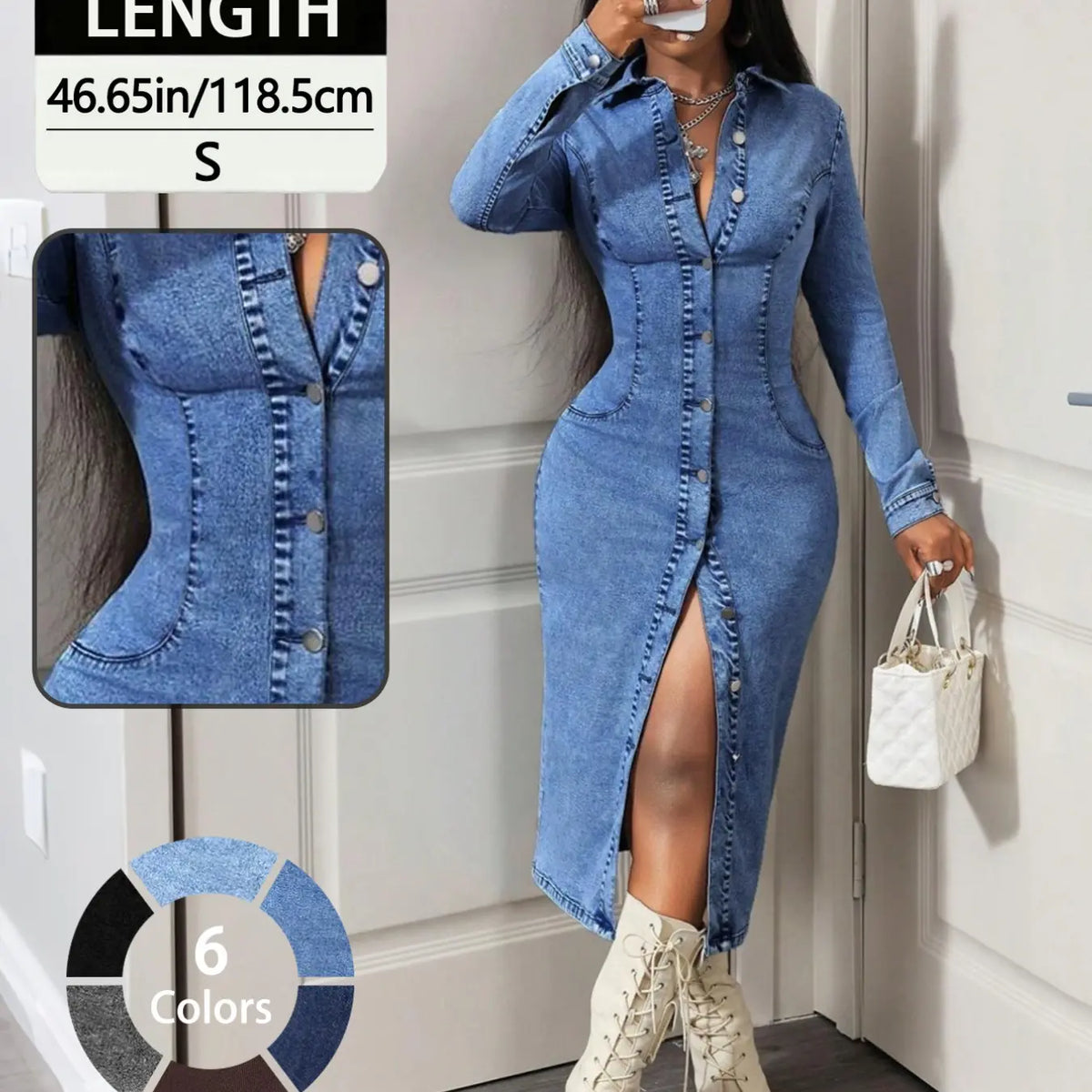 Slim-Fitting Long Sleeve Denim Dress Front Button Design