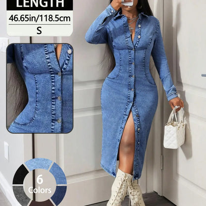 Slim-Fitting Long Sleeve Denim Dress Front Button Design
