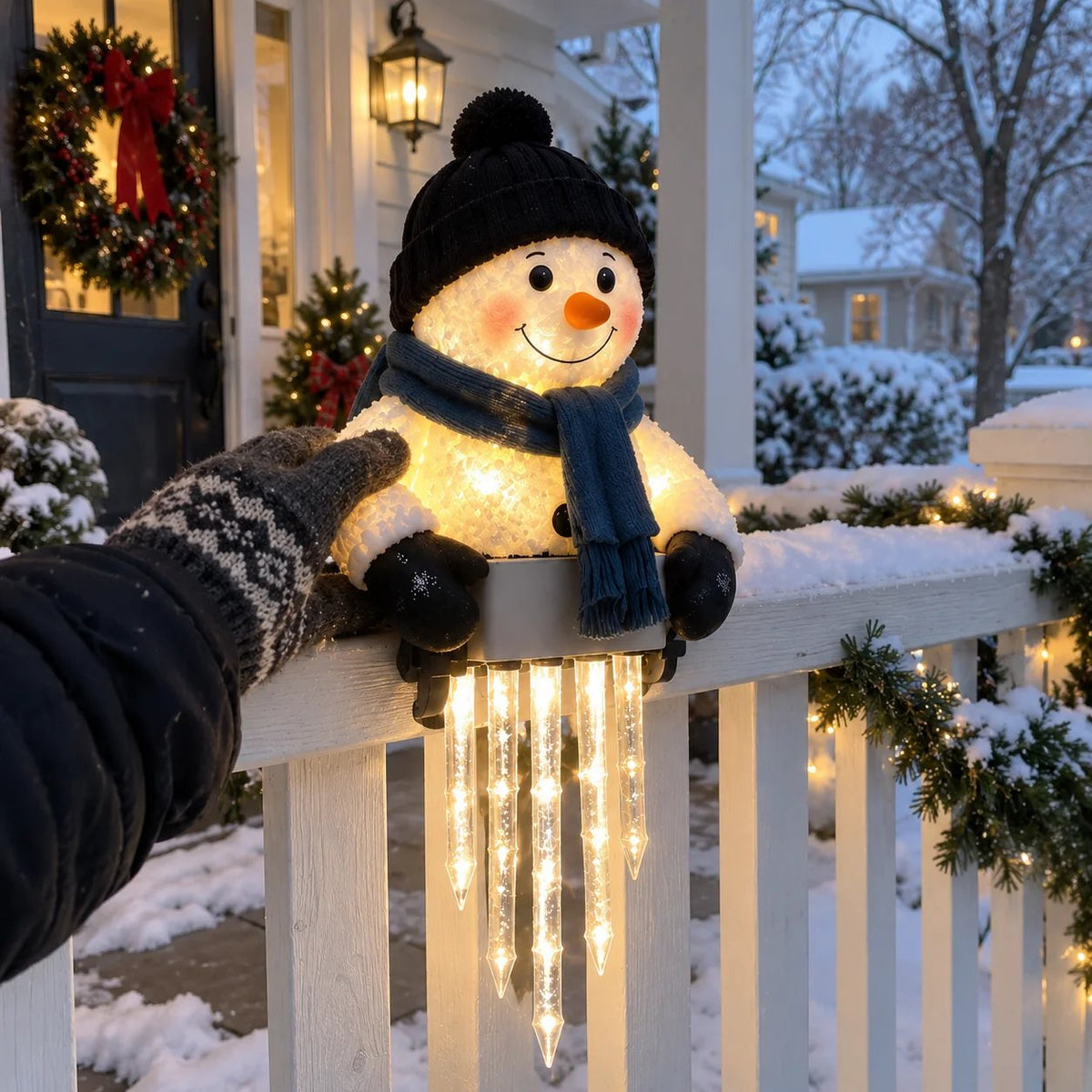 Lighted Snowman Railing Decoration with Hanging Icicles