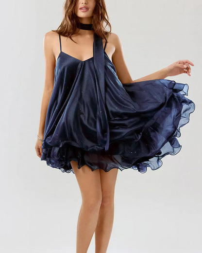 Sparkly Mesh V-Neck Slip Mini Dress with Layered Hem