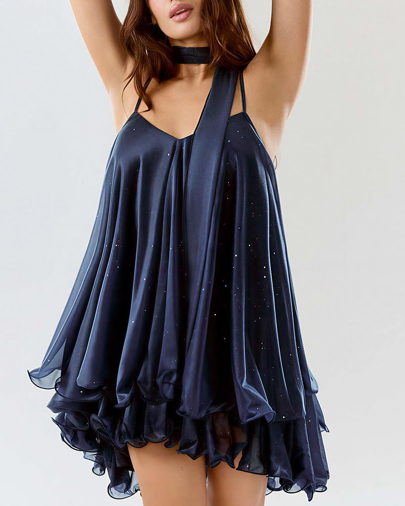 Sparkly Mesh V-Neck Slip Mini Dress with Layered Hem