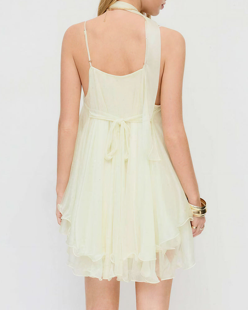 Sparkly Mesh V-Neck Slip Mini Dress with Layered Hem