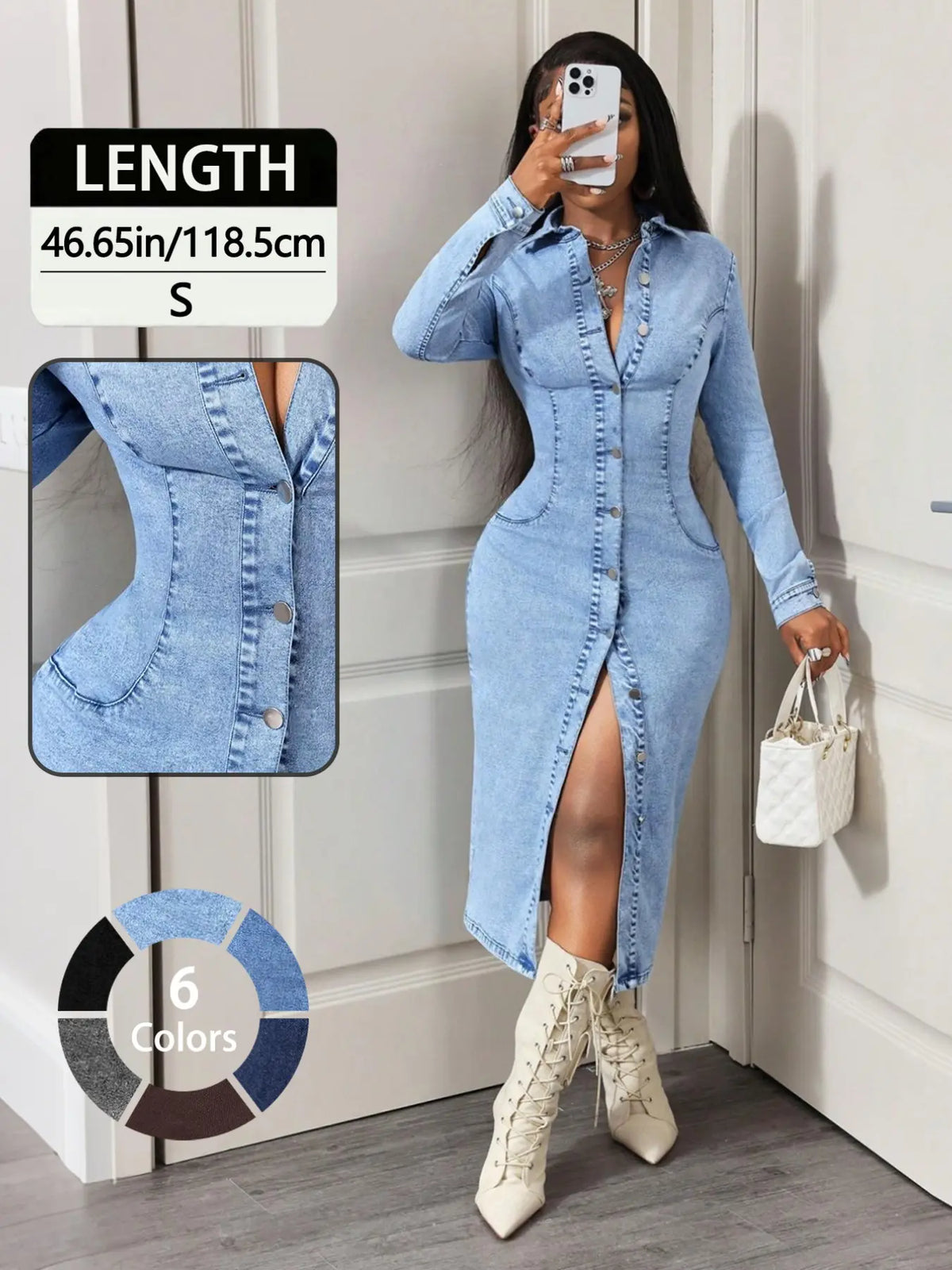 Slim-Fitting Long Sleeve Denim Dress Front Button Design