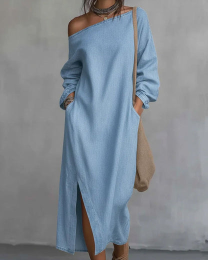 Loose-fitting One Shoulder Split Hem Midi Dress
