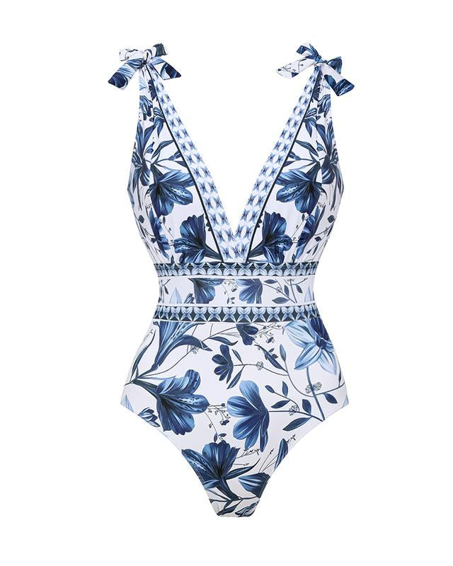 V Neck Blue Print One-Piece Swimsuit and Matching Cover Skirt Set Summer Swimdress