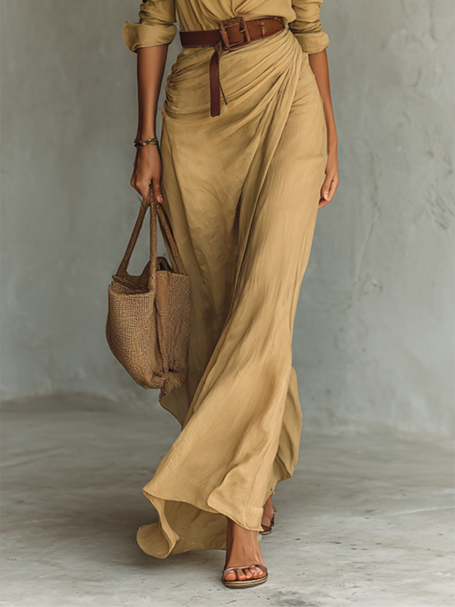 Women's Elegant Solid Color Irregular Ruched Belted Dress — Sexy Draped Evening Party Dress