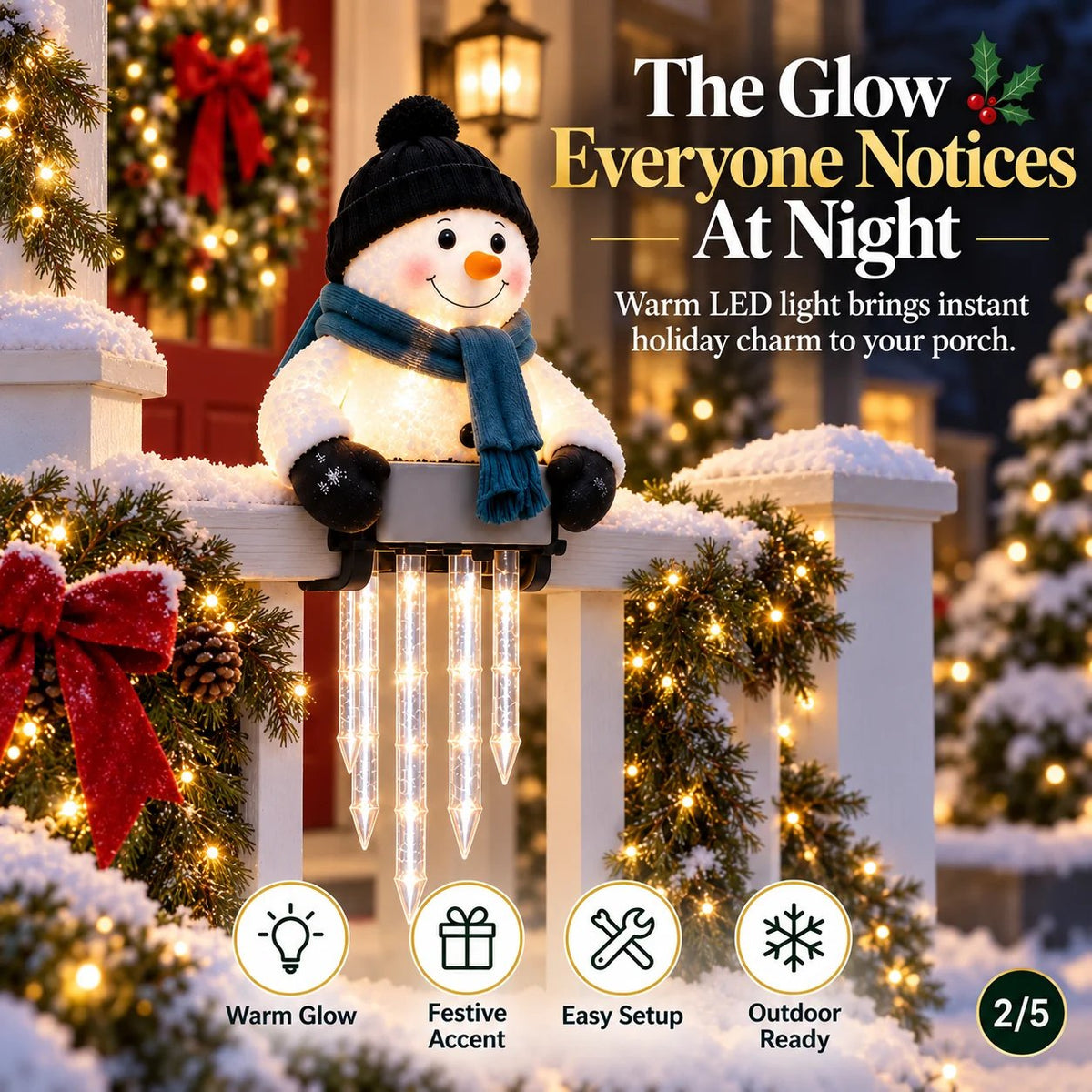 Lighted Snowman Railing Decoration with Hanging Icicles
