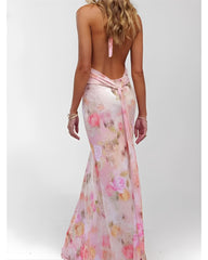 Womens Halter Backless Floral Dot Maxi Dress