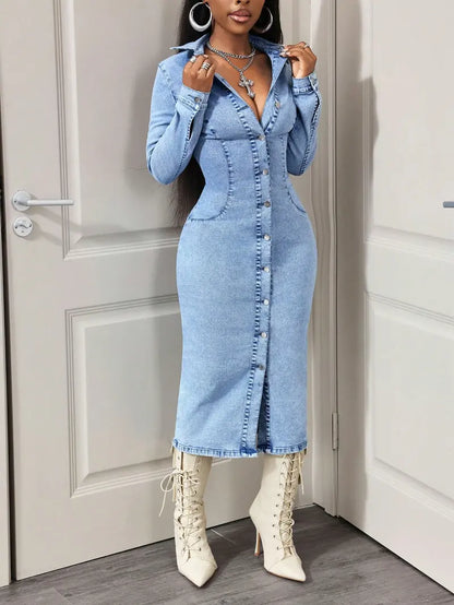 Slim-Fitting Long Sleeve Denim Dress Front Button Design