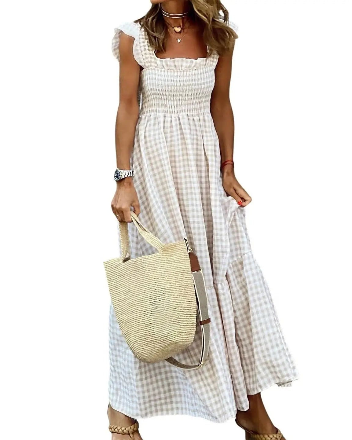 Women's Retro Plaid Smocked Maxi Dress with Pockets - Sleeveless Flowy Casual Dress