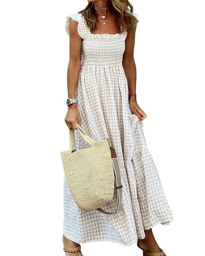 Women's Retro Plaid Smocked Maxi Dress with Pockets - Sleeveless Flowy Casual Dress