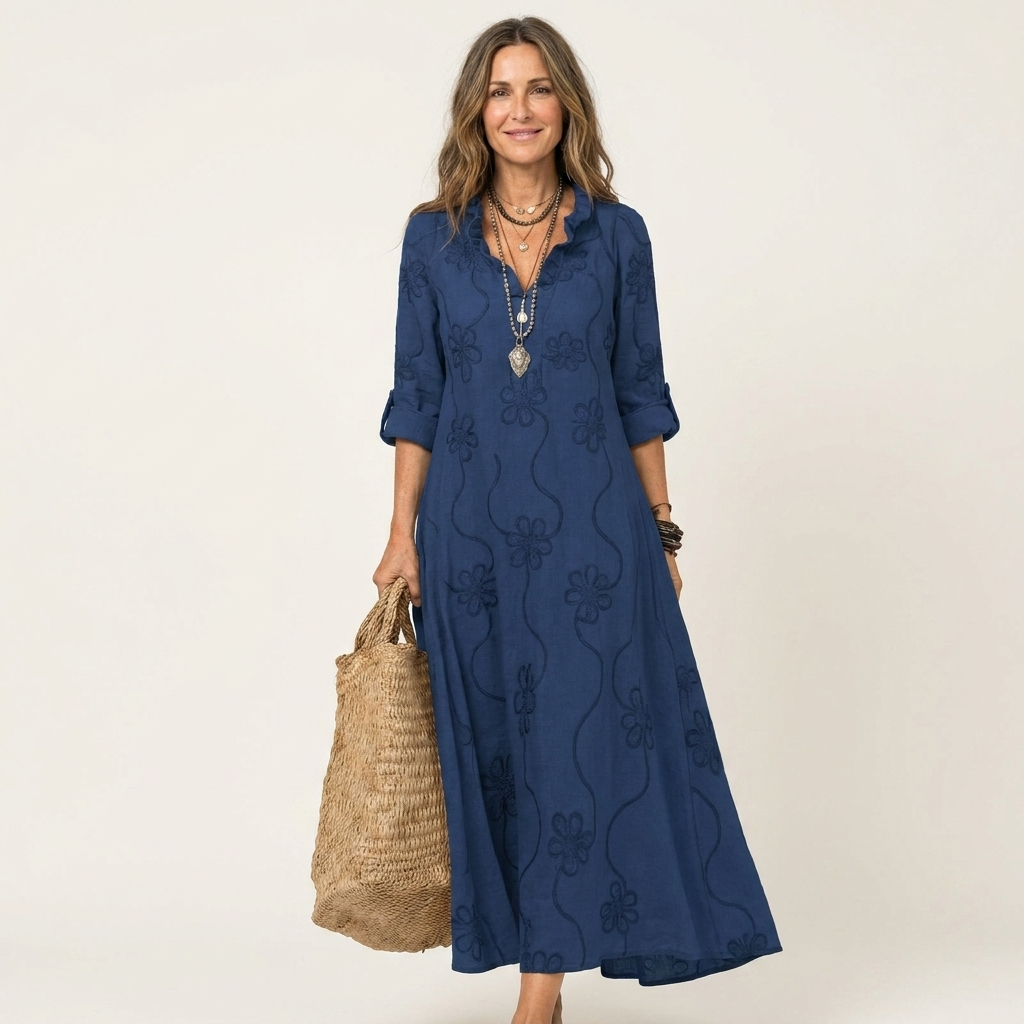 Maxi Dress with Tonal Floral Embroidery