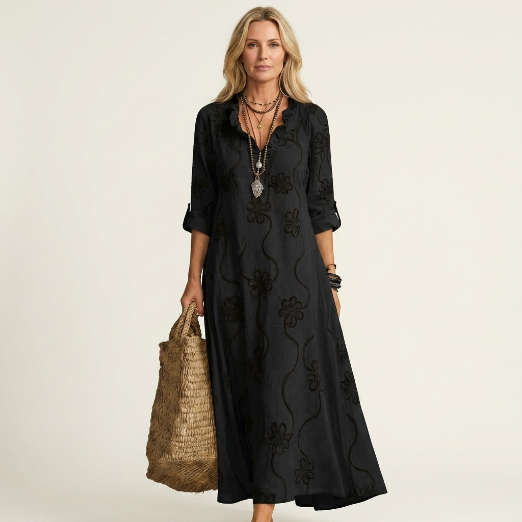 Maxi Dress with Tonal Floral Embroidery