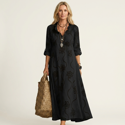 Maxi Dress with Tonal Floral Embroidery