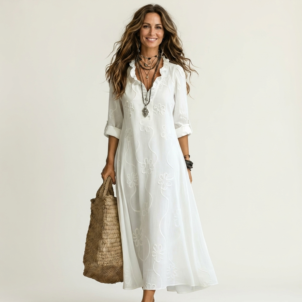 Maxi Dress with Tonal Floral Embroidery