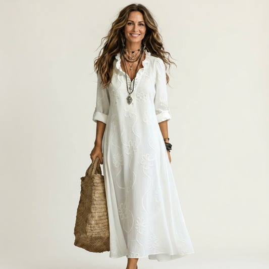 Maxi Dress with Tonal Floral Embroidery