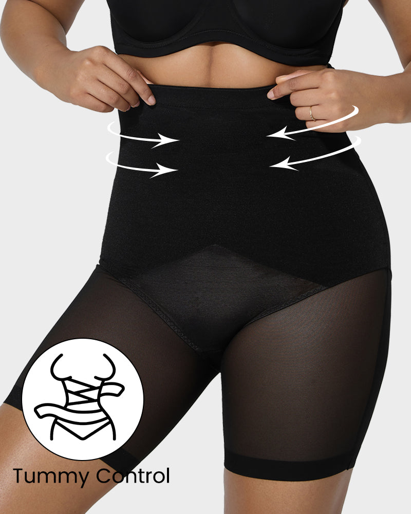 Shorts moldeadores de cintura alta con malla cruzada hasta la mitad del muslo