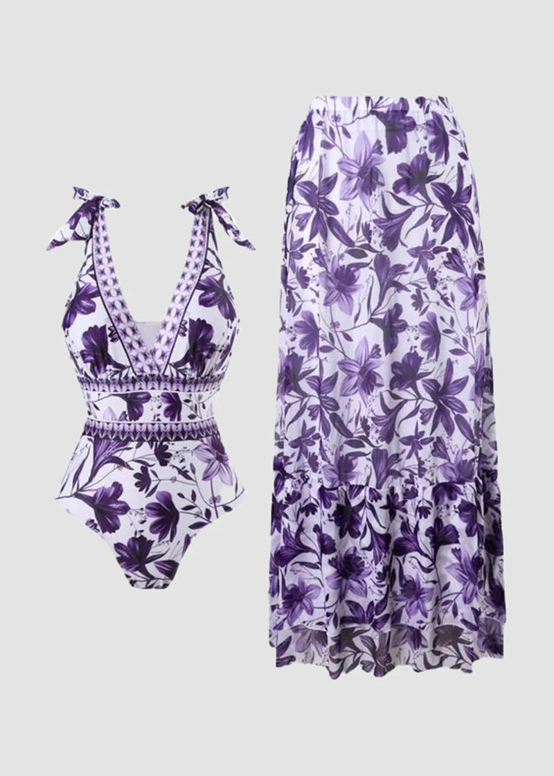 V Neck Blue Print One-Piece Swimsuit and Matching Cover Skirt Set Summer Swimdress